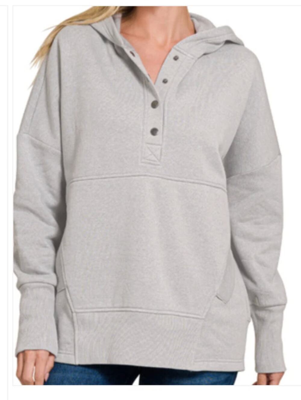 Zenana Small Half Snap Hooded Sweatshirt Grey Pullover Cozy